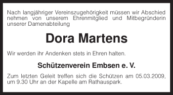 Traueranzeige von Dora Martens von KREISZEITUNG SYKE