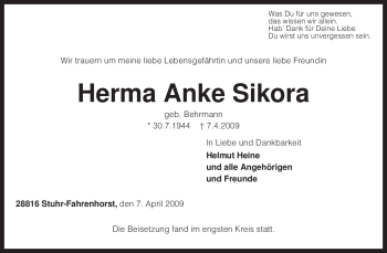 Traueranzeige von Herma Anke Sikora von KREISZEITUNG SYKE