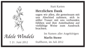 Traueranzeige von Adele Windels von KREISZEITUNG SYKE