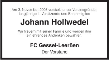 Traueranzeige von Johann Hollwedel von KREISZEITUNG SYKE