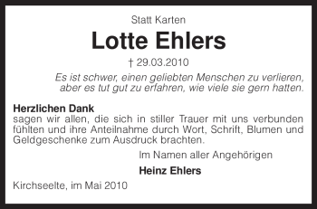 Traueranzeige von Lotte Ehlers von KREISZEITUNG SYKE