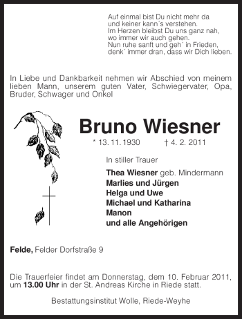 Traueranzeige von Bruno Wiesner von KREISZEITUNG SYKE