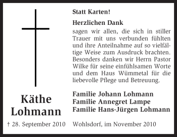 Traueranzeige von Käthe Lohmann von KREISZEITUNG SYKE