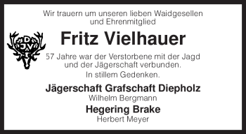 Traueranzeige von Fritz Vielhauer von KREISZEITUNG SYKE