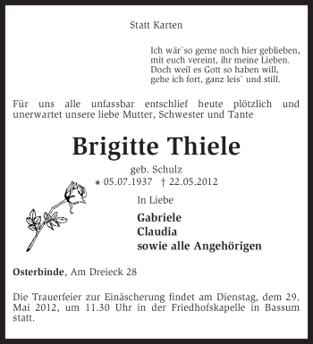 Traueranzeige von Brigitte Thiele von KREISZEITUNG SYKE