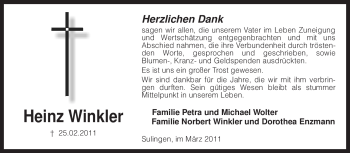 Traueranzeige von Heinz Winkler von KREISZEITUNG SYKE