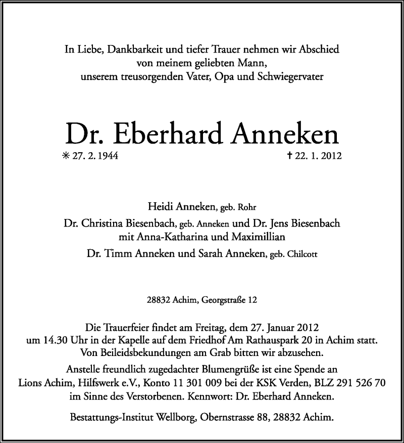  Traueranzeige für Eberhard Anneken vom 24.01.2012 aus KREISZEITUNG SYKE