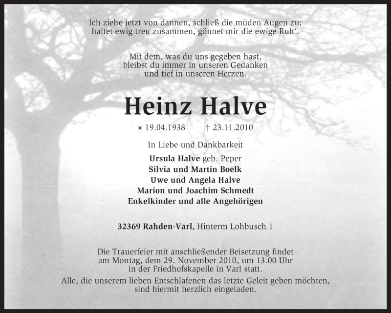  Traueranzeige für Heinz Halve vom 26.11.2010 aus KREISZEITUNG SYKE