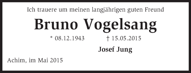  Traueranzeige für Bruno Vogelsang vom 23.05.2015 aus KRZ
