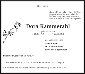 Traueranzeige von Dora Kammerahl von KREISZEITUNG SYKE