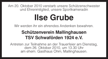 Traueranzeige von Ilse Grube von KREISZEITUNG SYKE