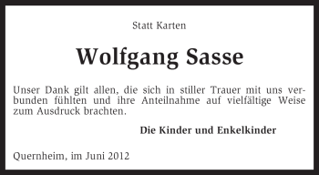 Traueranzeige von Wolfgang Sasse von KREISZEITUNG SYKE