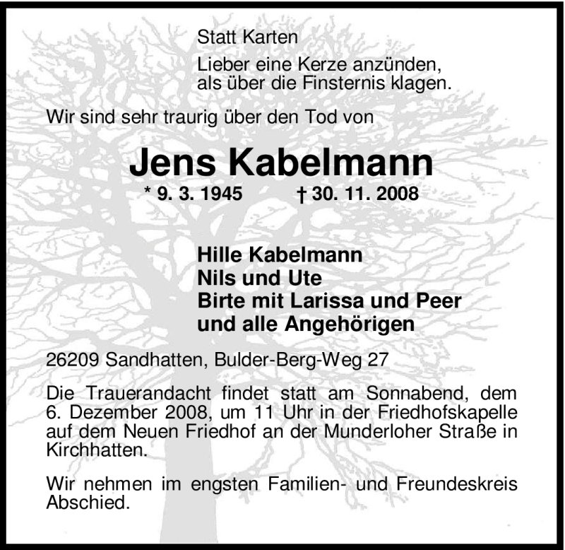  Traueranzeige für Jens Kabelmann vom 02.12.2008 aus 