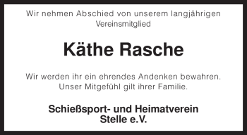 Traueranzeige von Käthe Rasche von KREISZEITUNG SYKE