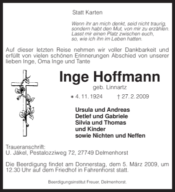 Traueranzeige von Inge Hoffmann von KREISZEITUNG SYKE