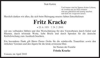 Traueranzeige von Fritz Kracke von KREISZEITUNG SYKE