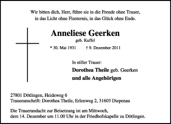 Traueranzeige von Anneliese Geerken von KREISZEITUNG SYKE