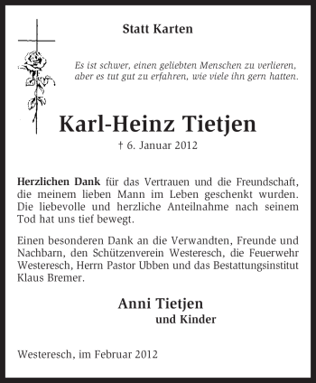 Traueranzeige von Karl-Heinz Tietjen von KREISZEITUNG SYKE