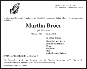 Traueranzeige von Martha Bröer von KREISZEITUNG SYKE