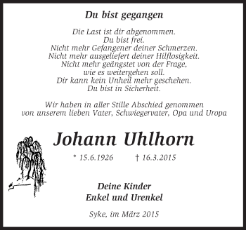 Traueranzeige von Johann Uhlhorn von KRZ