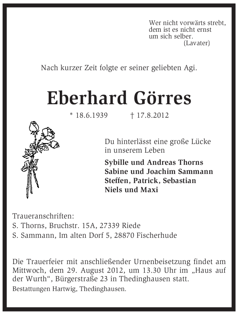  Traueranzeige für Eberhard Görres vom 25.08.2012 aus KREISZEITUNG SYKE