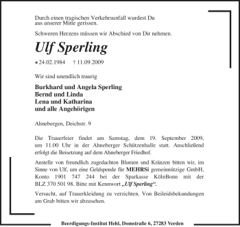 Traueranzeige von Ulf Sperling von KREISZEITUNG SYKE