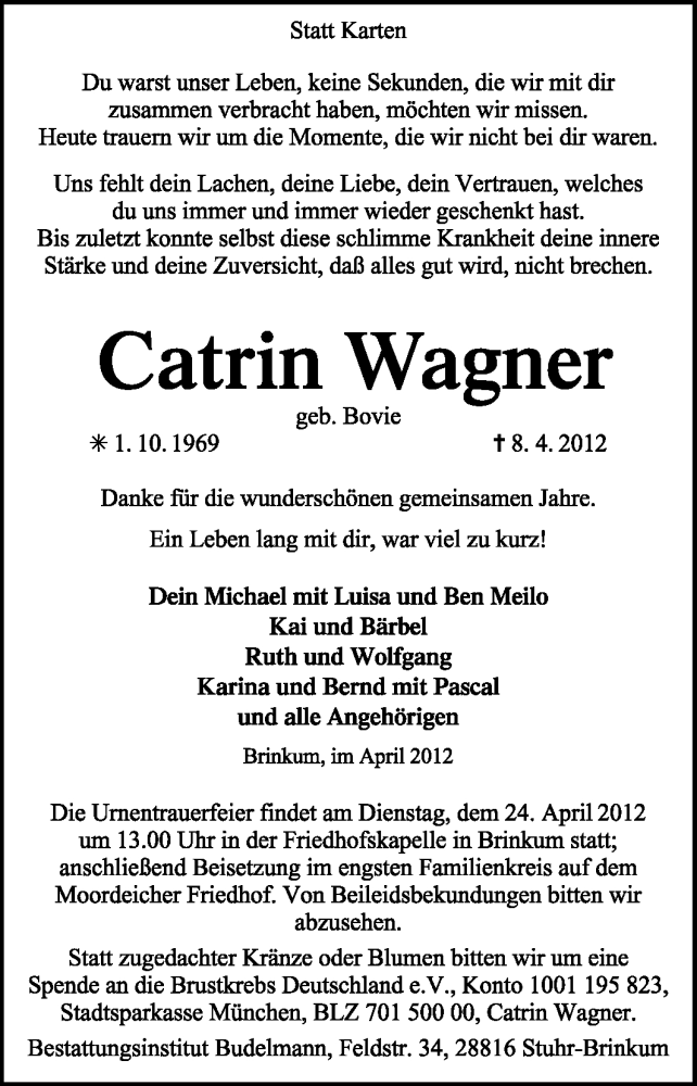  Traueranzeige für Catrin Wagner vom 18.04.2012 aus KREISZEITUNG SYKE