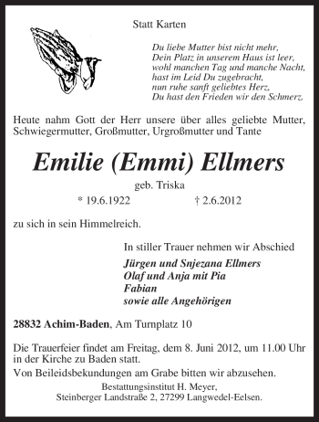 Traueranzeige von Emilie Ellmers von KREISZEITUNG SYKE