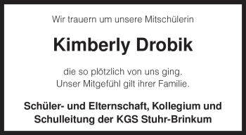 Traueranzeige von Kimberly Drobik von KREISZEITUNG SYKE