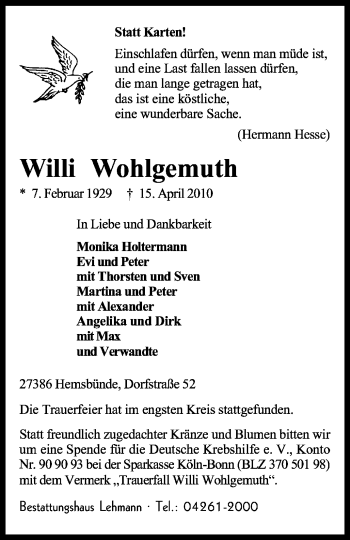 Traueranzeige von Willi Wohlgemuth von KREISZEITUNG SYKE