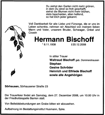 Traueranzeige von Hermann Bischoff von KREISZEITUNG SYKE