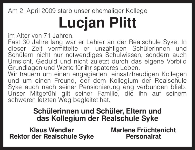  Traueranzeige für Lucjan Plitt vom 07.04.2009 aus KREISZEITUNG SYKE