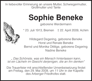 Traueranzeige von Sophie Beneke von KREISZEITUNG SYKE