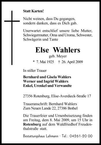 Traueranzeige von Else Wahlers von KREISZEITUNG SYKE