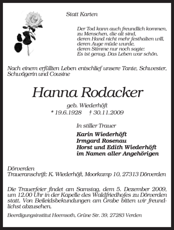 Traueranzeige von Hanna Rodacker von KREISZEITUNG SYKE