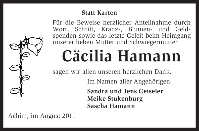  Traueranzeige für Cäcilia Hamann vom 13.08.2011 aus KREISZEITUNG SYKE