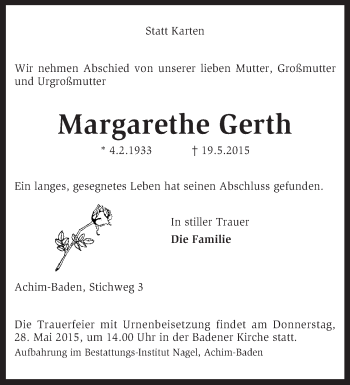 Traueranzeige von Margarethe Gerth von KRZ