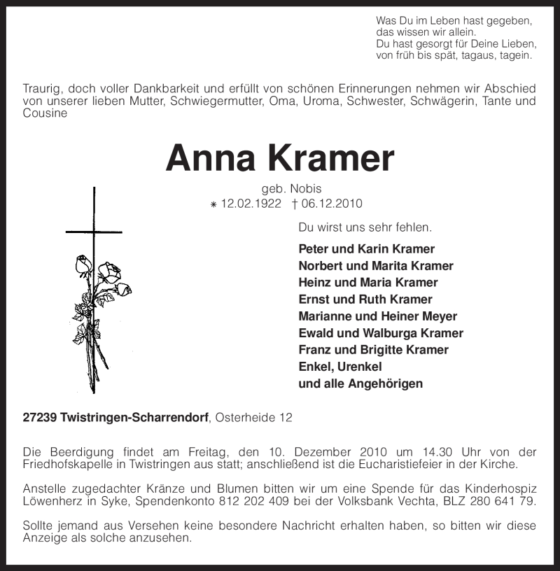  Traueranzeige für Anna Kramer vom 08.12.2010 aus KREISZEITUNG SYKE