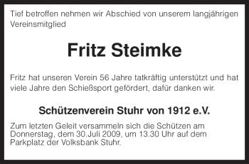 Traueranzeige von Fritz Steimke von KREISZEITUNG SYKE