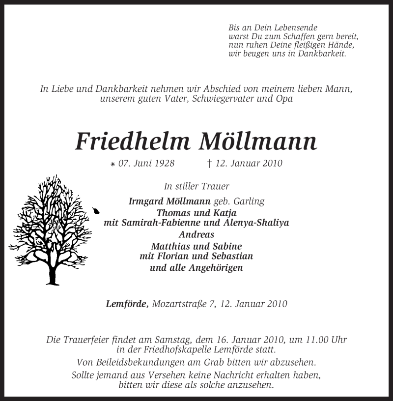  Traueranzeige für Friedhelm Möllmann vom 14.01.2010 aus KREISZEITUNG SYKE