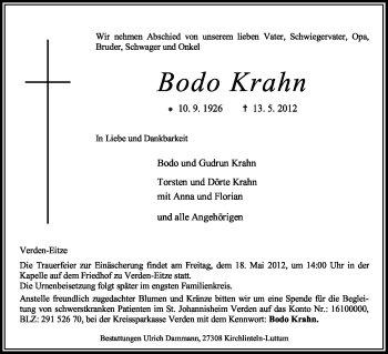 Traueranzeige von Bodo Krahn von KREISZEITUNG SYKE