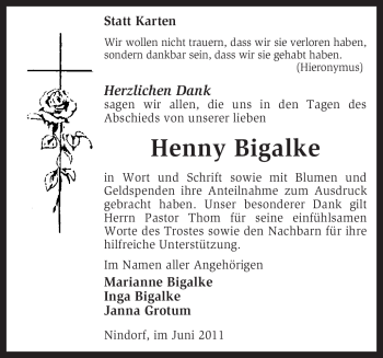 Traueranzeige von Henny Bigalke von KREISZEITUNG SYKE