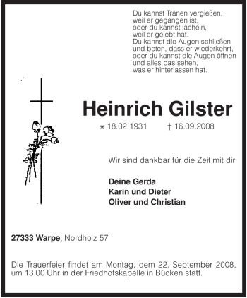 Traueranzeige von Heinrich Gilster von KREISZEITUNG SYKE