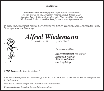 Traueranzeige von Alfred Wiedemann von KREISZEITUNG SYKE