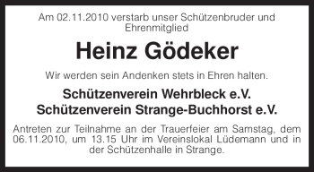 Traueranzeige von Heinz Gödeker von KREISZEITUNG SYKE