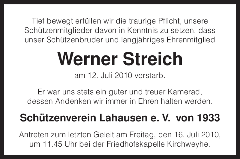  Traueranzeige für Werner Streich vom 15.07.2010 aus KREISZEITUNG SYKE