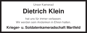 Traueranzeige von Dietrich Klein von KREISZEITUNG SYKE