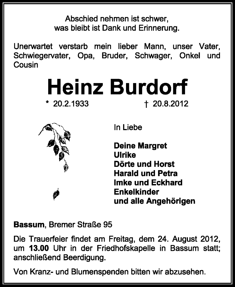  Traueranzeige für Heinz Burdorf vom 22.08.2012 aus KREISZEITUNG SYKE