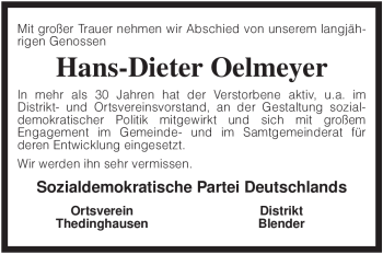 Traueranzeige von Hans-Dieter Oelmeyer von KREISZEITUNG SYKE