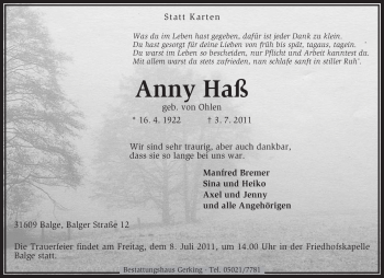 Traueranzeige von Anny Haß von KREISZEITUNG SYKE